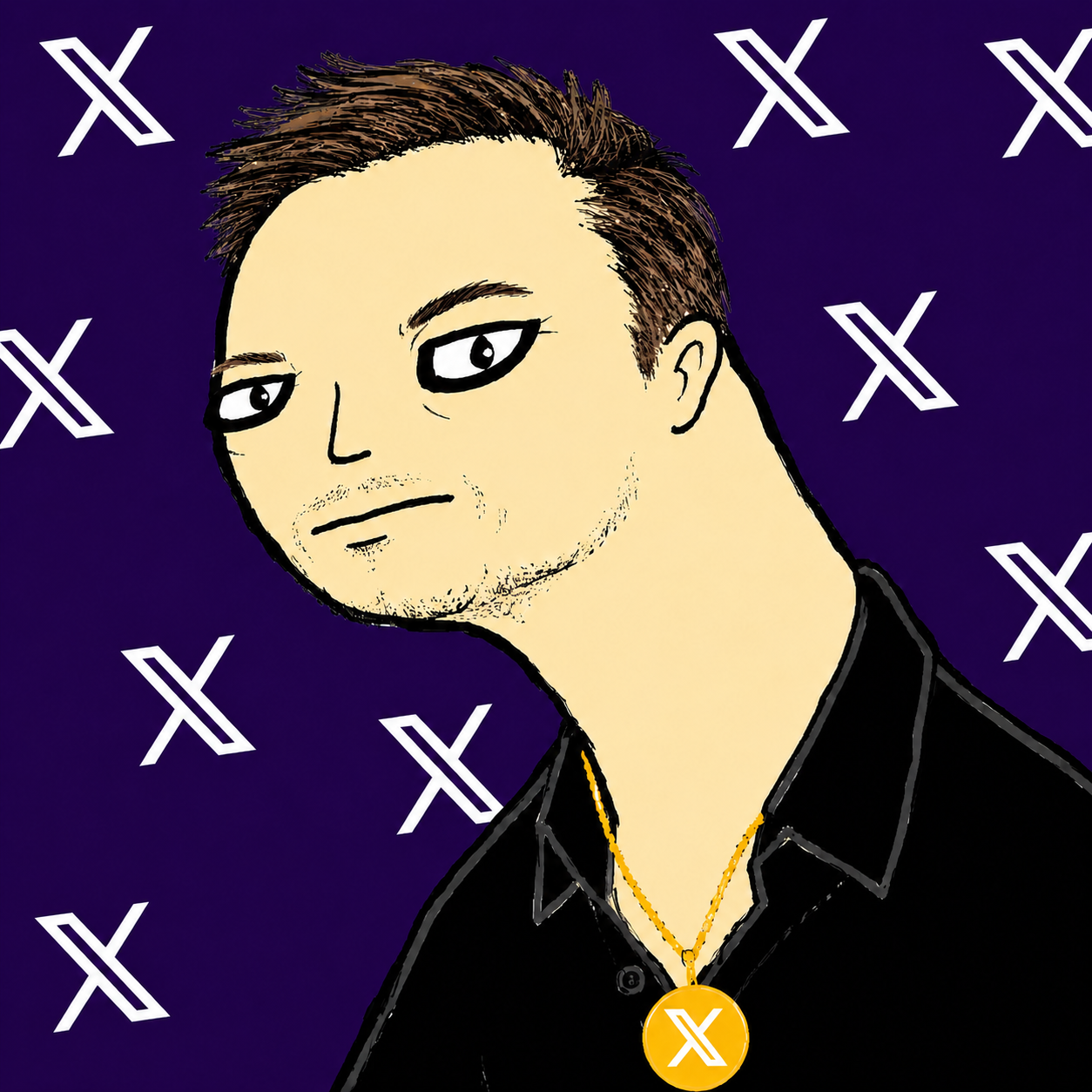 Elon Bullor mascot — a smug cartoon character with X pendants